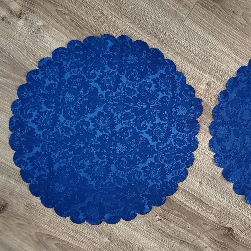 VTG PAIR OF SHINY DARK BLUE ROUND TABLE TOPPER DOILIES SCALLOPED EDGES 16